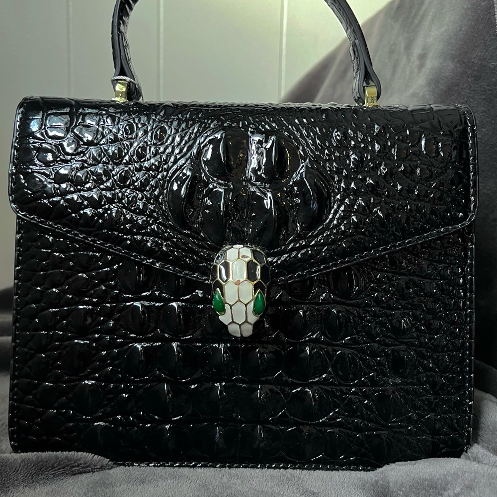 Tiffany & Fred Black Shoulder Bag with Crocodile Texture